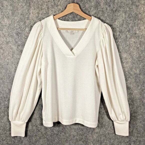 Loft Women’s Puff Sleeve Pullover Sweater Fluffy Soft Winter Ivory Size Small - Picture 1 of 14